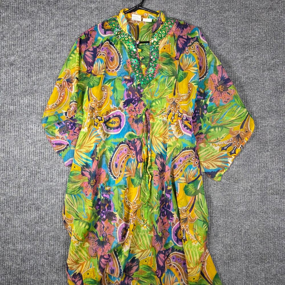 Pearl Tropical Kaftan Tunic Embellished Neck One Size Boho Resort - Picture 2 of 4